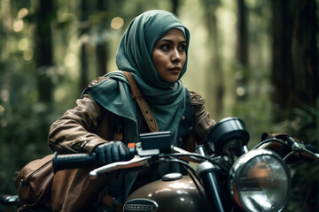 Fototapeta na wymiar Muslim woman on motorcycle, generative ai