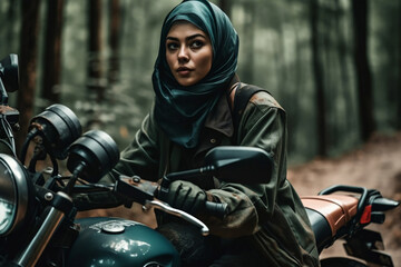 Fototapeta na wymiar Outdoor lifestyle portrait of young muslim woman with cover up sitting on motorbike, generative ai
