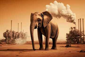 Fototapeta na wymiar elephant stands watching a petrochemical refinery at sunrise. Generative AI.