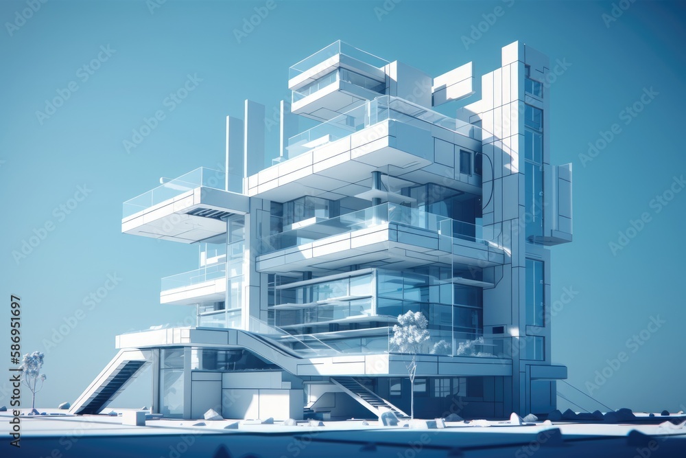 Poster skyscraper with a modern architectural design and many windows and balconies. generative ai