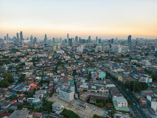 City building with transport road aerial view