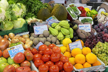 Fruit and vegetable stand, Loule market, Faro district, Algarve, Portugal