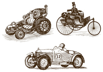 Vintage cars set sketch style PNG illustration with transparent background