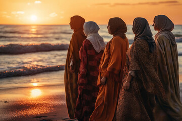 Young females muslim walking along the beach on a summer day, generative ai