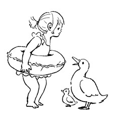 浮き輪を持って水着を着た女の子とアヒルの親子のモノクロラスト(透過PNG)