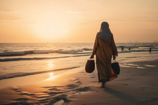 happy muslim woman enjoying freedom on the beach, generative ai