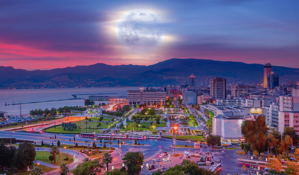 Konak Square view from Varyant with full moon at dusk - Izmir is popular tourist attraction in Turkey "Elements of this image furnished by NASA " 