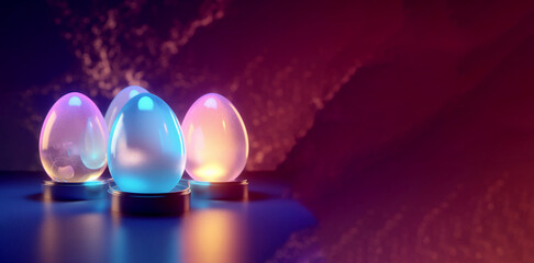 Glooming transparent Easter eggs with a space for copy, AI generated