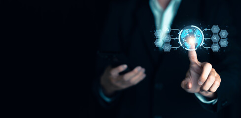 Global network connection, Social network communication. Businessmanuse smartphone. Link digital marketing. Internet data exchange, digital transformation, metaverse, big data visualization