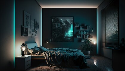 beautiful, dark, modern bedroom with LED lights