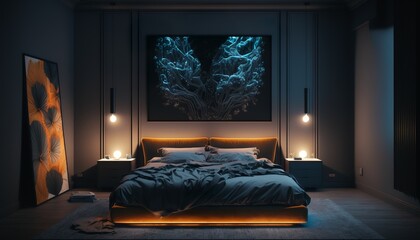 beautiful, dark, modern bedroom with LED lights