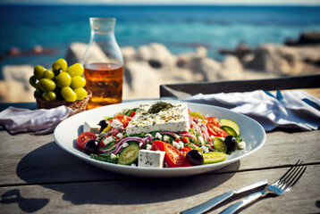 Greek salad with vegetables at beach restaurant IA	
