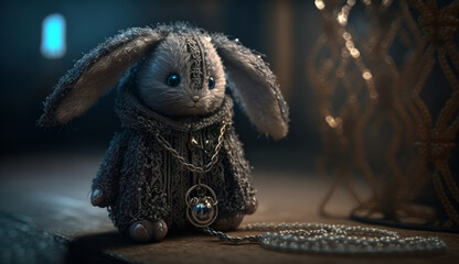 Exclusive toy belligerent bunny toy in an expensive outfit with chains and jewelry. In the castle. Children's fantasy toy, mini keychain, cyberpunk style. Created with AI. - obrazy, fototapety, plakaty