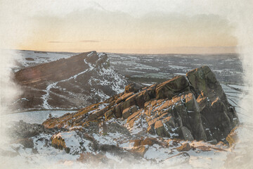 Fototapeta na wymiar Digital watercolour painting of Hen Cloud winter sunrise and snow at The Roaches, Staffordshire.