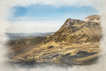 Stwlan Dam and the Moelwyn mountains digital watercolor painting.