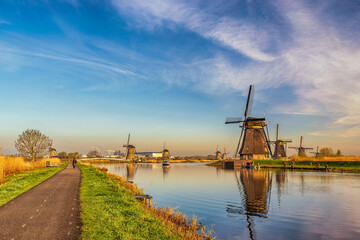 Rotterdam Netherlands, nature landscape of Dutch Windmill at Kinderdijk Village - obrazy, fototapety, plakaty