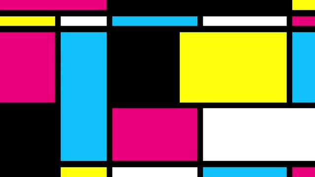 Geometric rectangle square abstract background CMYK + white. Vivid colors  cartoon animation backdrop with black frame lines. Decorative good for fashion, business, etc...
