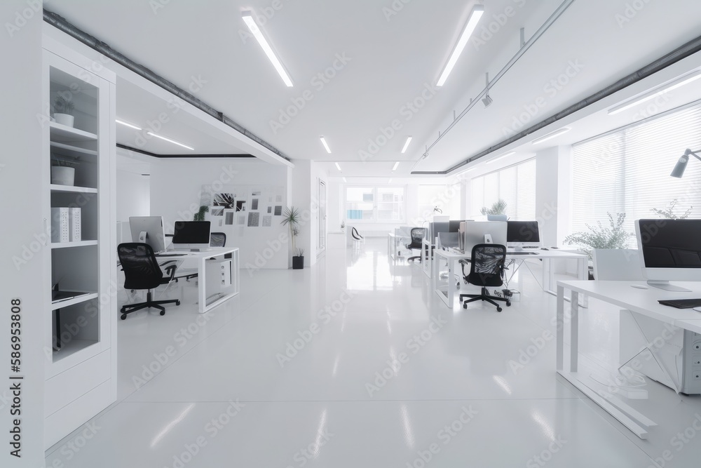 Poster a sleek and modern white and open space office with a spacious and tidy aesthetic. has minimalist fu