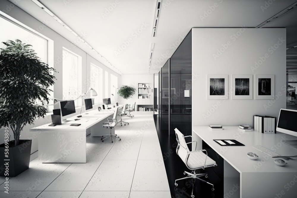 Poster a sleek and modern white and open space office with a spacious and tidy aesthetic. has minimalist fu