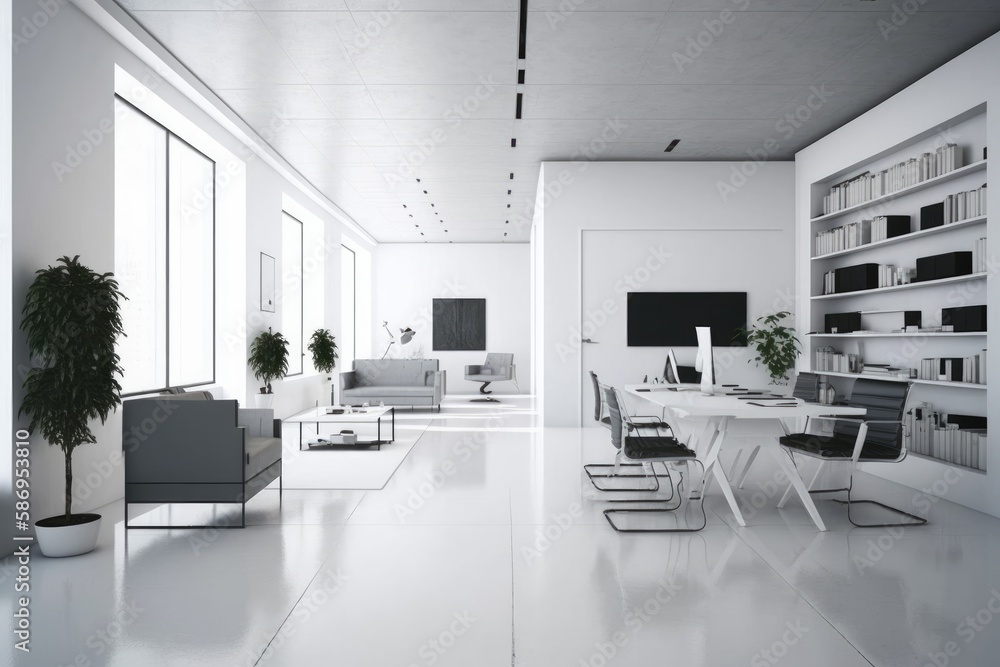 Poster a sleek and modern white and open space office with a spacious and tidy aesthetic. has minimalist fu