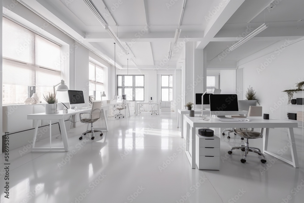 Poster a sleek and modern white and open space office with a spacious and tidy aesthetic. has minimalist fu