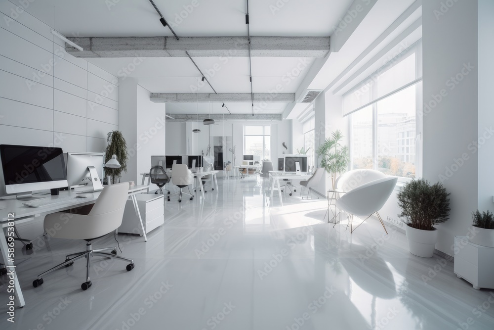 Poster a sleek and modern white and open space office with a spacious and tidy aesthetic. has minimalist fu