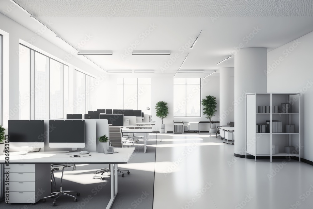 Poster a sleek and modern white and open space office with a spacious and tidy aesthetic. has minimalist fu