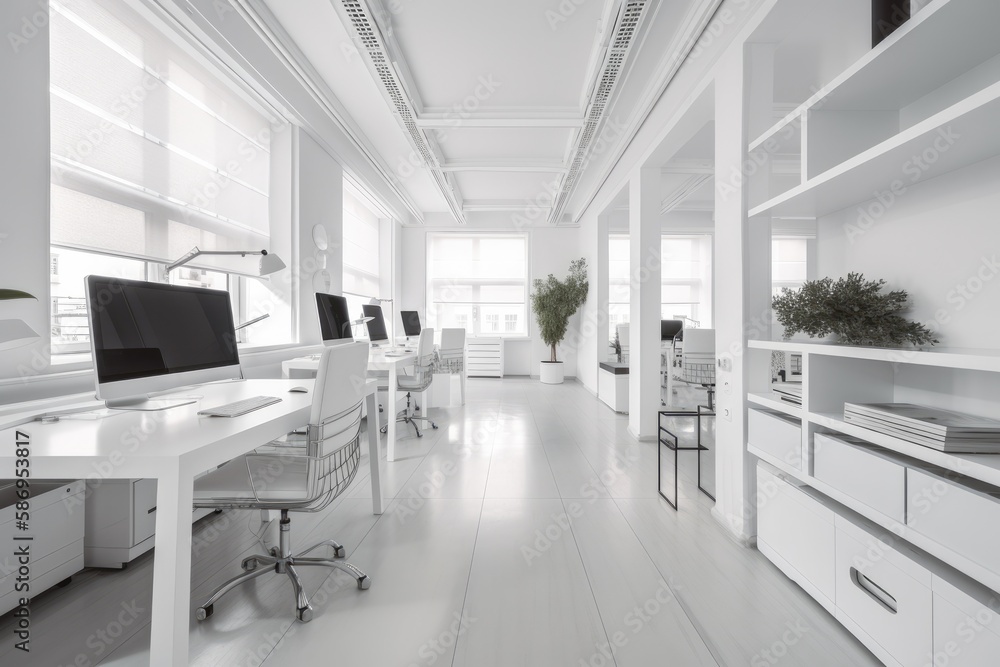 Poster a sleek and modern white and open space office with a spacious and tidy aesthetic. has minimalist fu