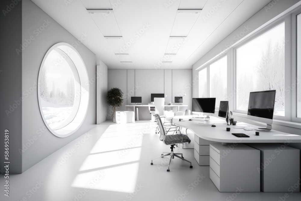Poster a sleek and modern white and open space office with a spacious and tidy aesthetic. has minimalist fu