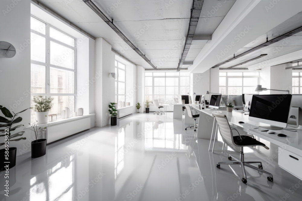 Poster a sleek and modern white and open space office with a spacious and tidy aesthetic. has minimalist fu