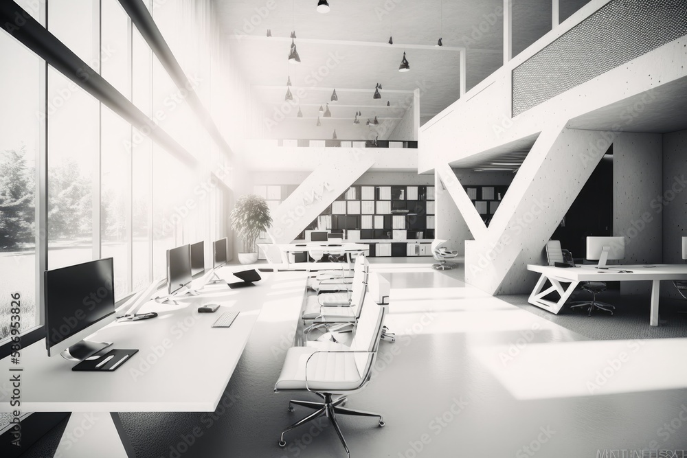 Poster a sleek and modern white and open space office with a spacious and tidy aesthetic. has minimalist fu