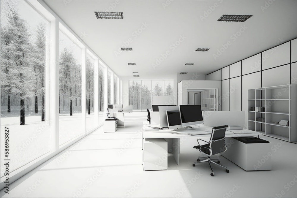 Poster a sleek and modern white and open space office with a spacious and tidy aesthetic. has minimalist fu