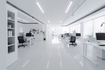 Naklejka na ściany i meble A sleek and modern white and open space office with a spacious and tidy aesthetic. Has minimalist furnishings in a bright and airy atmosphere with large windows and white walls. Generative AI