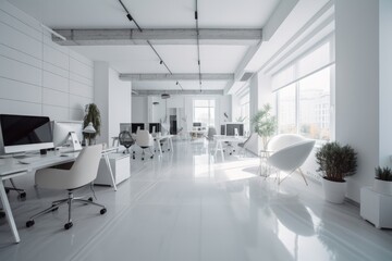 Fototapeta na wymiar A sleek and modern white and open space office with a spacious and tidy aesthetic. Has minimalist furnishings in a bright and airy atmosphere with large windows and white walls. Generative AI