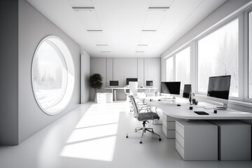 A sleek and modern white and open space office with a spacious and tidy aesthetic. Has minimalist furnishings in a bright and airy atmosphere with large windows and white walls. Generative AI