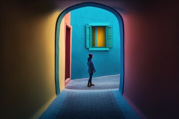 Geometric and colorful walls in the background, in a designer street that combines the modern and the classic. AI generative.