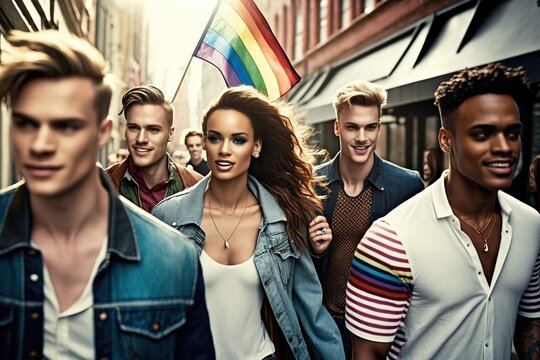 Group of young people celebrate gay pride day carrying flags. AI generative.