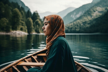 muslim woman alone on boat with nice view, generative ai