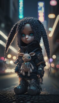 An exclusive and collectible cyberpunk bunny girl doll armed in a night city, in a cosplay outfit. Decorative gift for children. Character for children's books and stories. Created with AI.