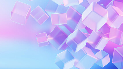 Beautiful space with bright neon color gradient, crystal clear 3D rendered cubes, abstract background with metaverse image