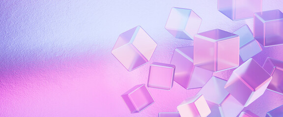 ザラザラした質感の背景, ネオンカラーのグラデーションと透明なキューブの3Dレンダリング