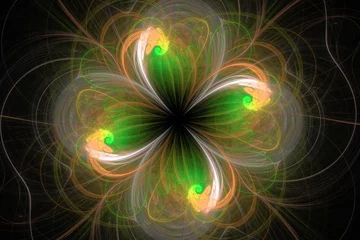 Sierkussen Fractale golven Orange green floral pattern of crooked waves on a black background. Abstract fractal 3D rendering  © Eugenock