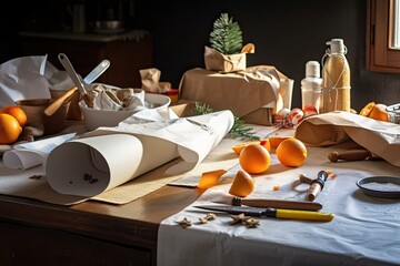 On the festively decorated kitchen serving table are faux paper bundles. For the new year, deliveries of gifts, prepared meals, and shopping are made. Generative AI