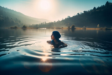 Young muslim woman relaxing in natural lake or sea, generative ai