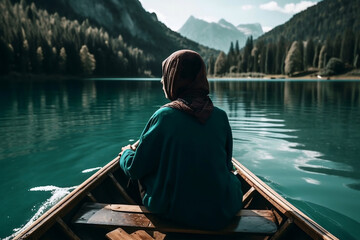 Muslim women get on a boat, with a view of the lake and mountains