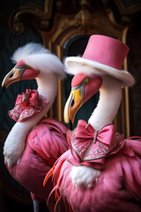 Naklejka premium Flamingo mit Hut und Schleife