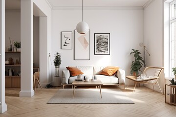 Corner view of a light filled living room that features a coffee table, sofa, armchairs, a white wall, a closet, an oak hardwood floor, and carpet in addition to four white posters. minimalist design