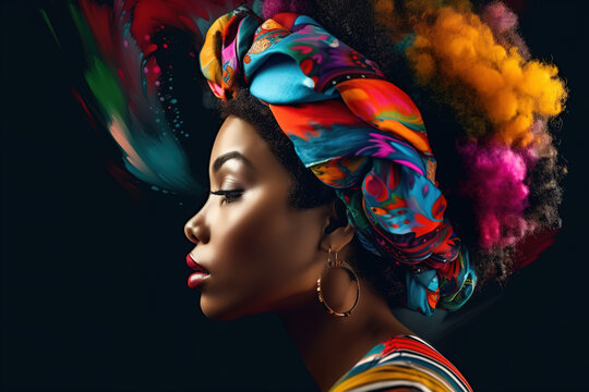 Femininity, female beauty concept. Porter profile of a black afro woman with bright colors of paint on her hairdo. Generative AI
