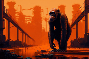 Fototapeta premium A monkey stands in front of chemicals above the factory. Generative AI.