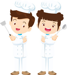 cute Cooking childrens. Little kids making food profession chef character
